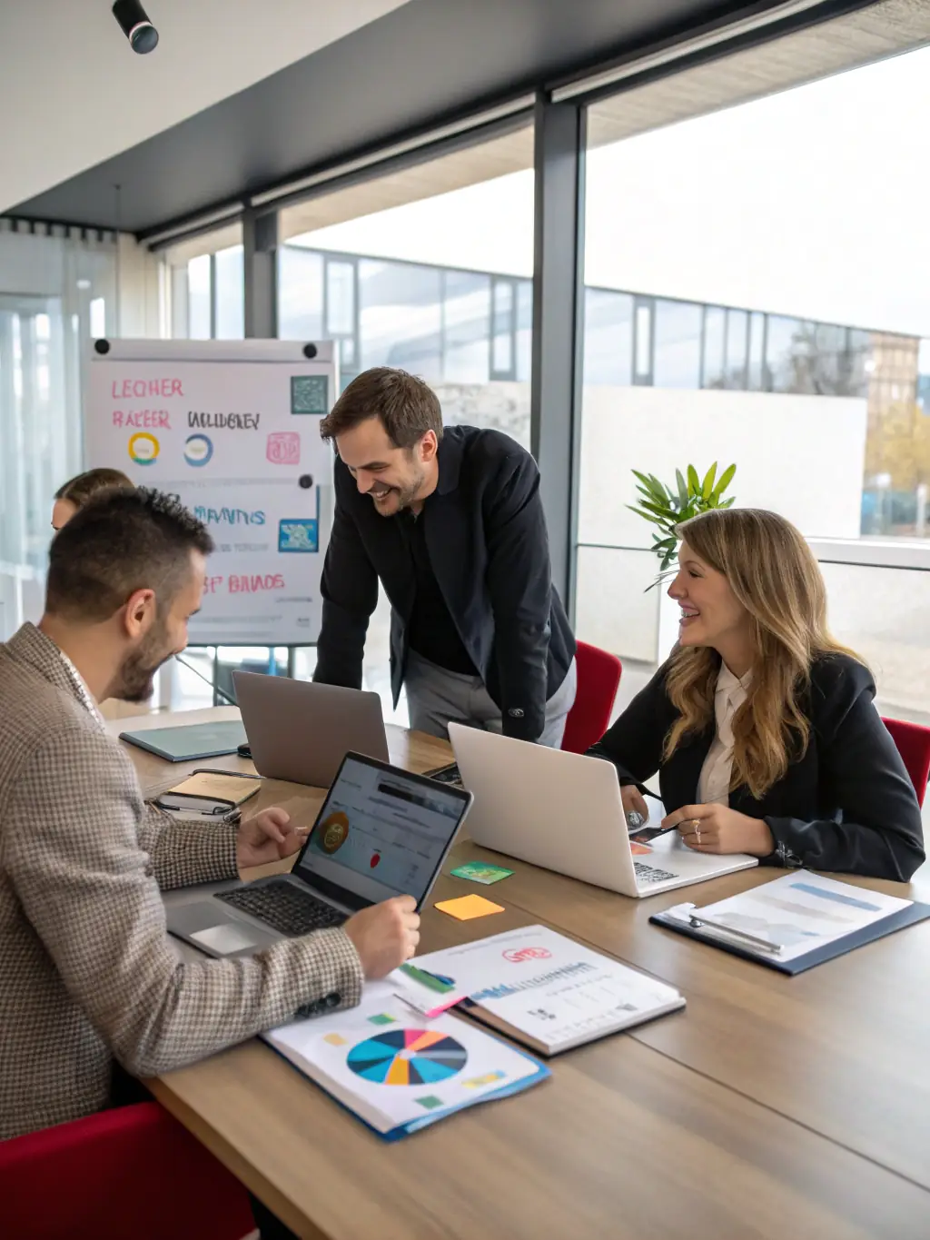 A digital marketing team collaborating on a campaign strategy, with laptops displaying analytics dashboards and creative assets, set in a modern office environment.