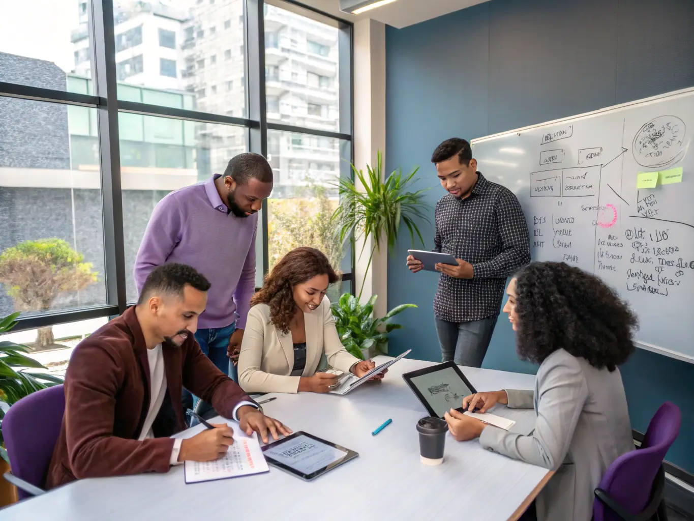 An image of a diverse group of professionals collaborating in a modern office space, brainstorming ideas and analyzing data on a large screen, symbolizing teamwork and strategic planning.