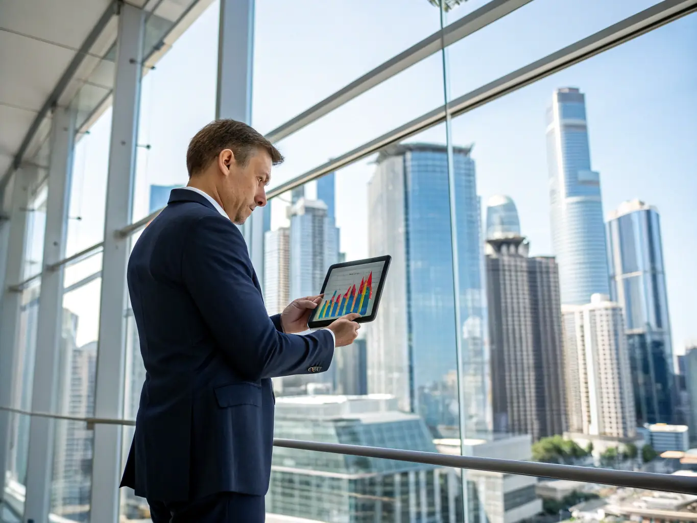 An image of a person analyzing business data on a tablet with charts and graphs, highlighting key performance indicators and trends, set against a backdrop of a bustling city skyline.