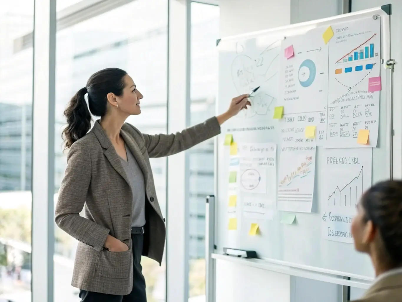 An image of a business professional confidently presenting a strategic plan to a team, with a focus on growth charts and positive feedback, set in a bright and modern office environment.