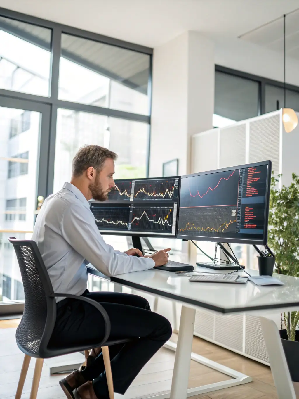 A financial analyst reviewing investment portfolios and market data on multiple screens, with charts and graphs illustrating financial performance.